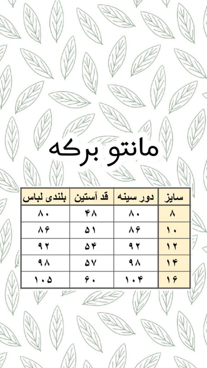 جدول سایزمانتو برکه